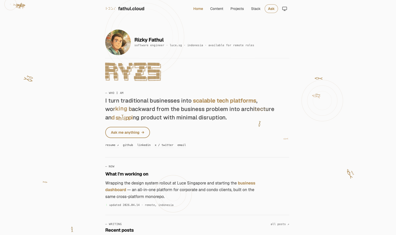 Fish threading between the letters of the home-page tagline